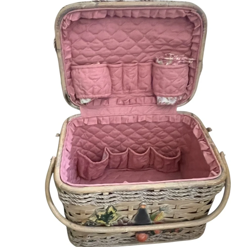 Vintage Large Pastel Rattan Picnic Basket with handles & food blanket